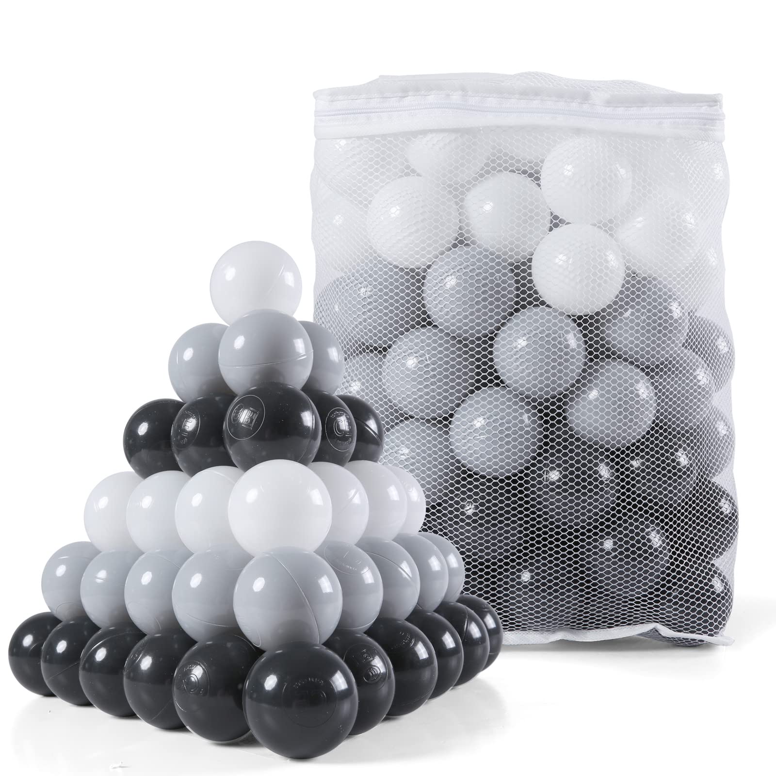 STARBOLO 100-Piece Plastic Ball Pit Balls - 2.2 Inch Play Pit Crawl Balls in Black, Grey & White for Kids Playpen, Pool & Tub Toys - Perfect for Indoor Playrooms, Birthday Parties & Sensory Play Activities