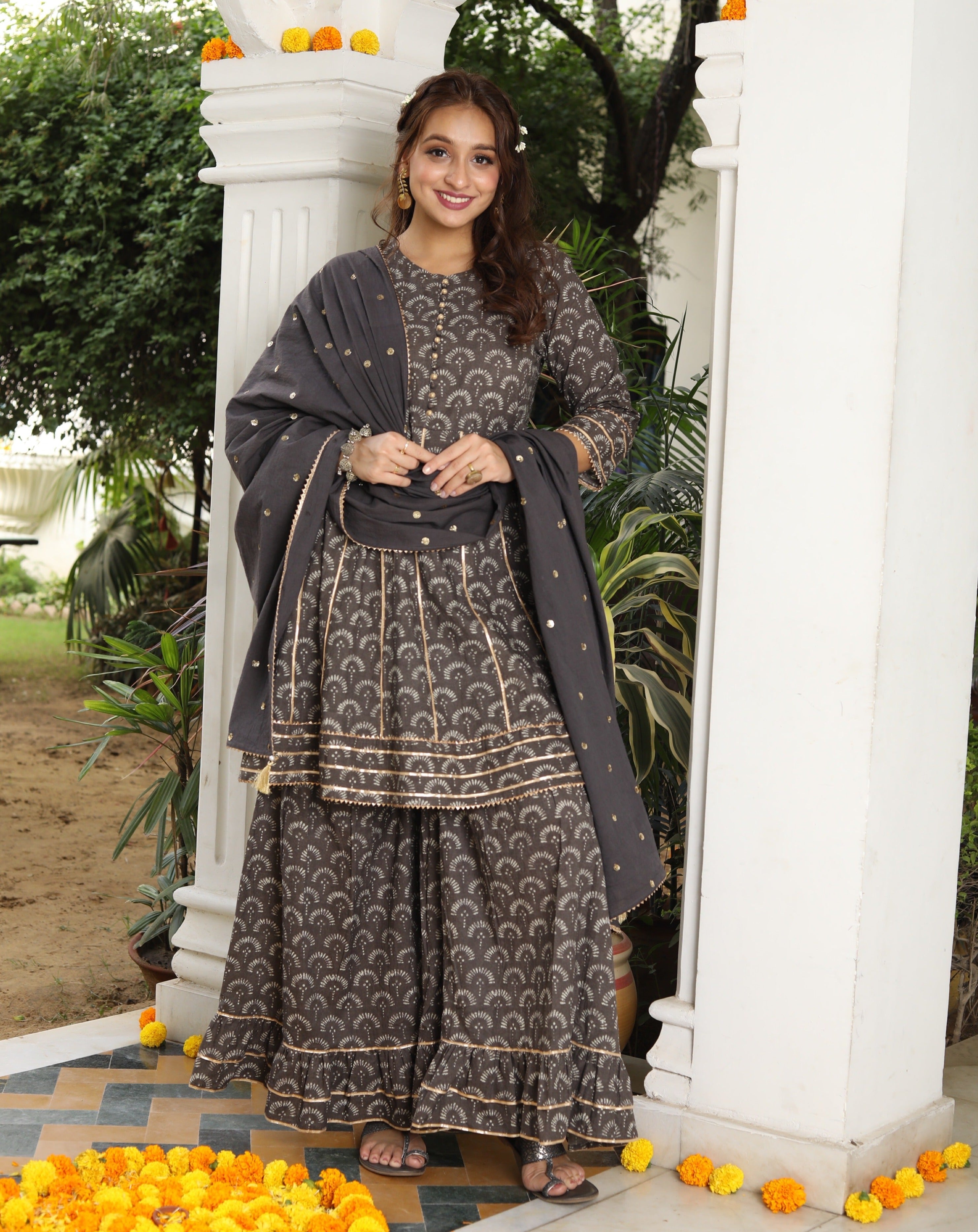Elegant Mocha Brown & Grey Sharara Set for Women | Traditional Pakistani/Indian Wedding Outfit | Perfect for Festivals, Parties & Special Occasions