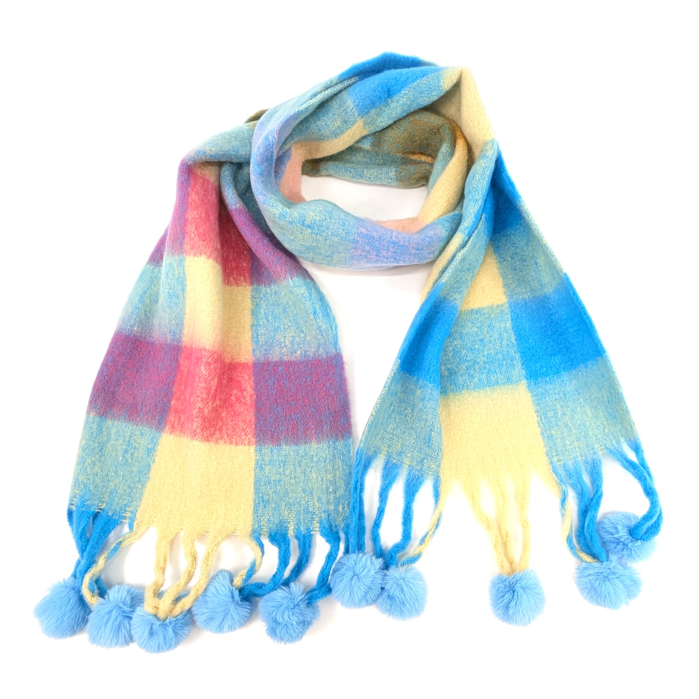 Extra Thick Check PomPom Scarf - 40x210cm Soft Winter Scarf for Women & Teens - Blue & Pink Plaid Fashion Scarf - Perfect for Cold Weather, Christmas Gifts & Outdoor Activities
