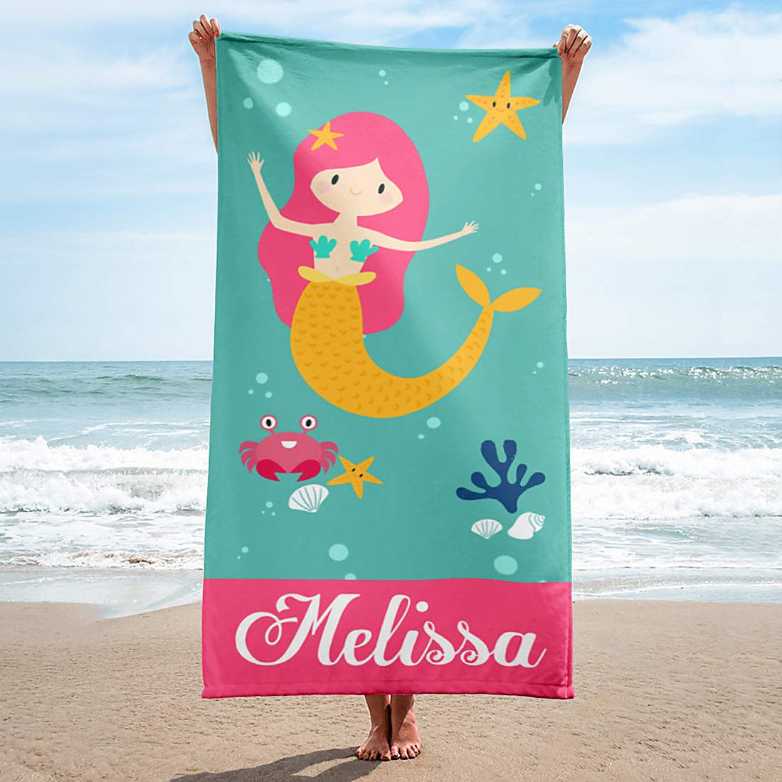 Custom Personalized Beach Towel with Names - Soft Microfiber Front & Cotton Terry Back - Monogrammed Pool & Bath Towel for Kids, Teens & Adults - Perfect for Beach, Pool, Spa & Vacation Gifts (Mermaid Design)