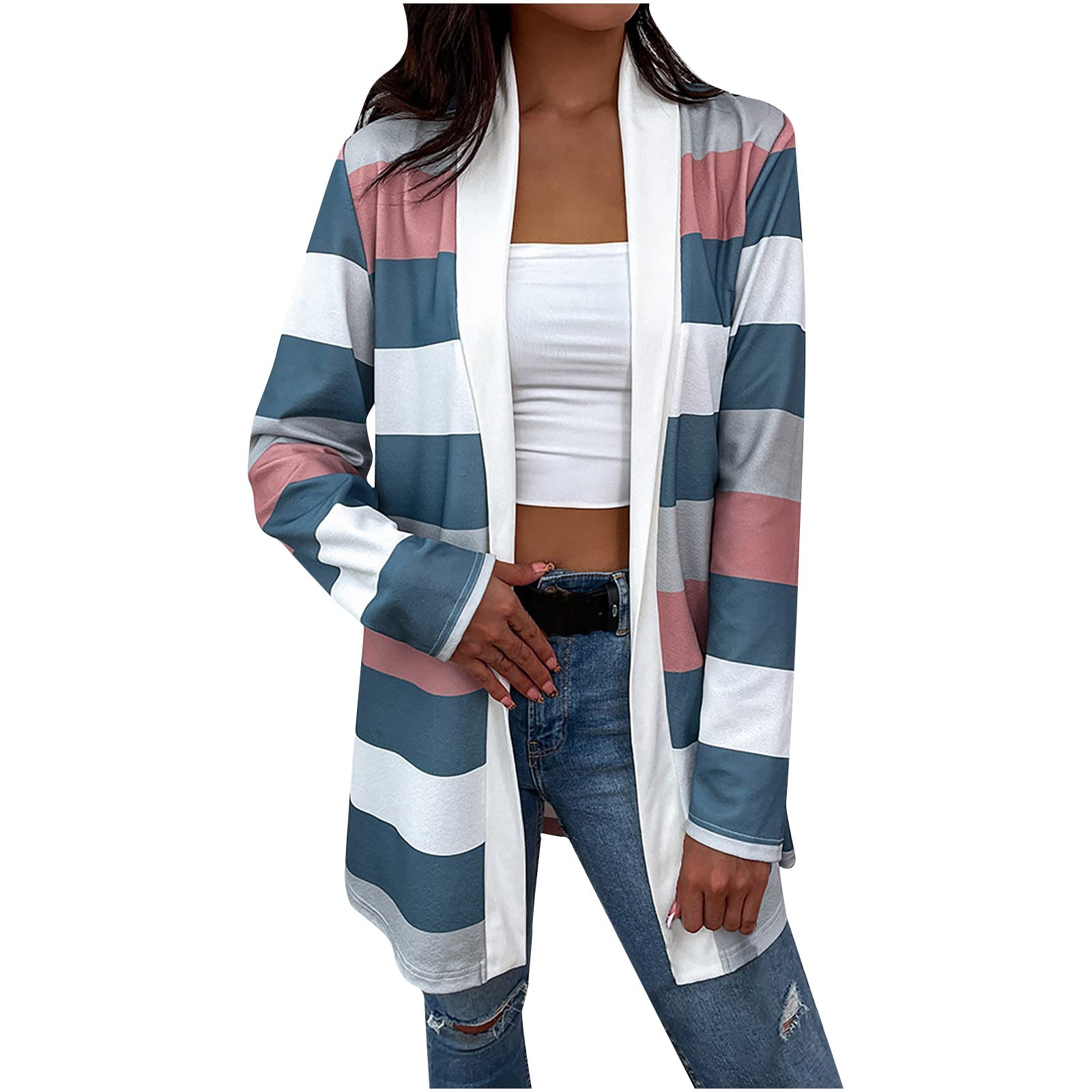 Women's Color Block Long Sleeve Open Front Cardigan - Striped Print Lightweight Loose Knit Shirt Jacket for Casual Wear, Office, and Spring Outfits