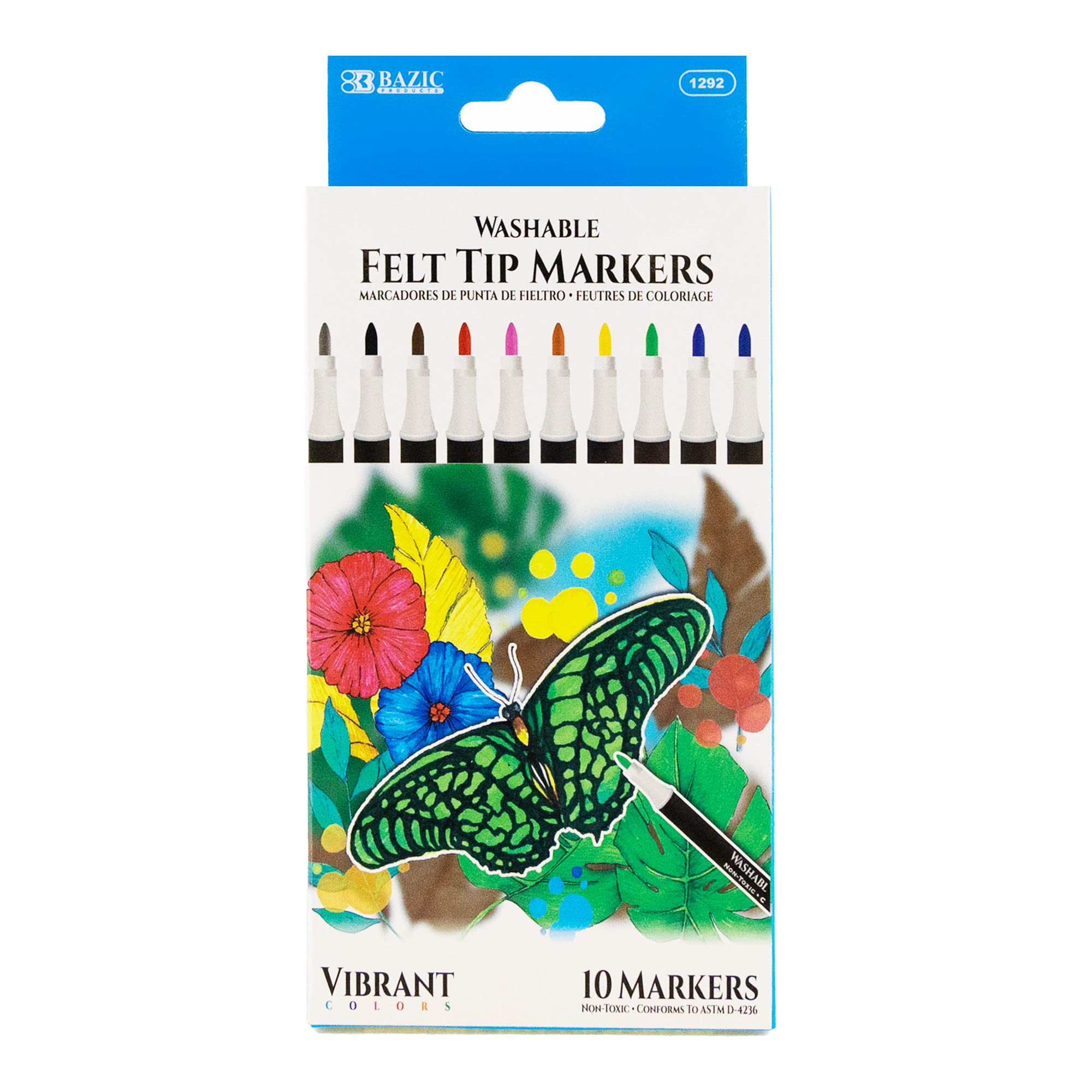 BAZIC Washable Fine Tip Felt Markers - 10 Vibrant Colors, Non-Toxic Art Supplies for Kids, Perfect for School Projects, Coloring Books & DIY Crafts (10-Pack)