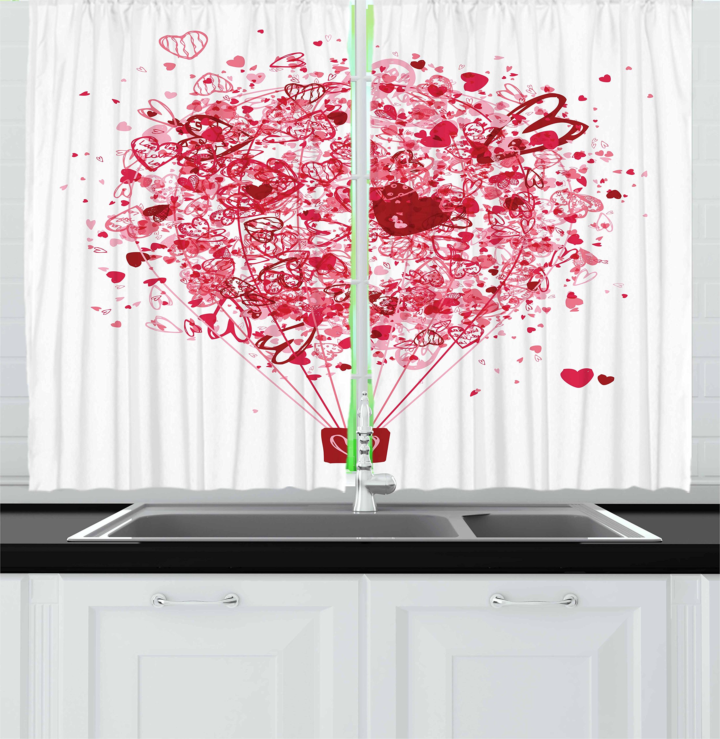 Ambesonne Valentine's Day Kitchen Curtains - Heart Balloon Design, 2 Panel Set 55