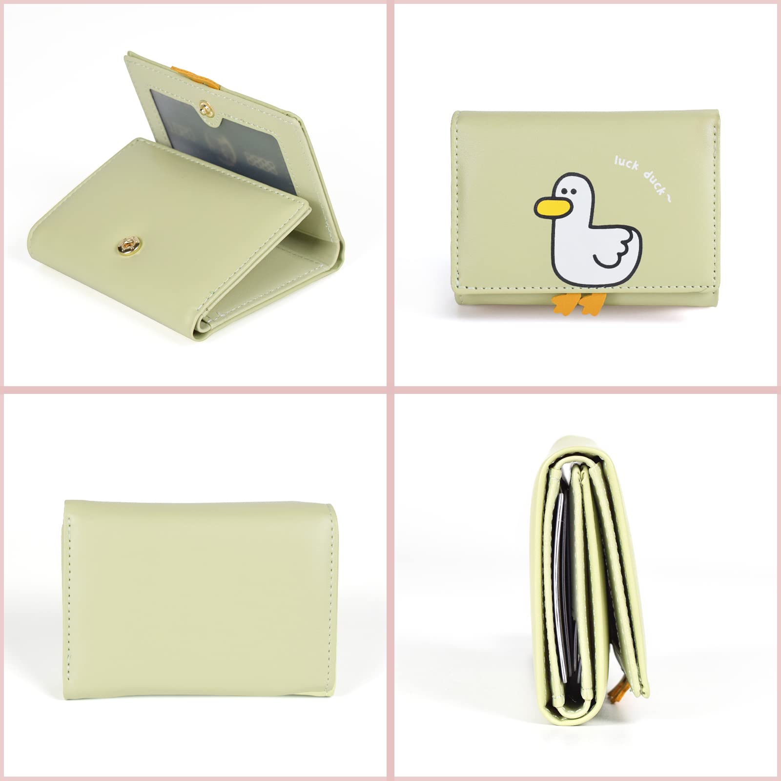 Cute Duck Print Tri-Fold Wallet for Women - Compact Leather Purse with ID Window, Cash Pocket & Card Slots - Perfect for Everyday Use, Travel, and Gifts (Green)