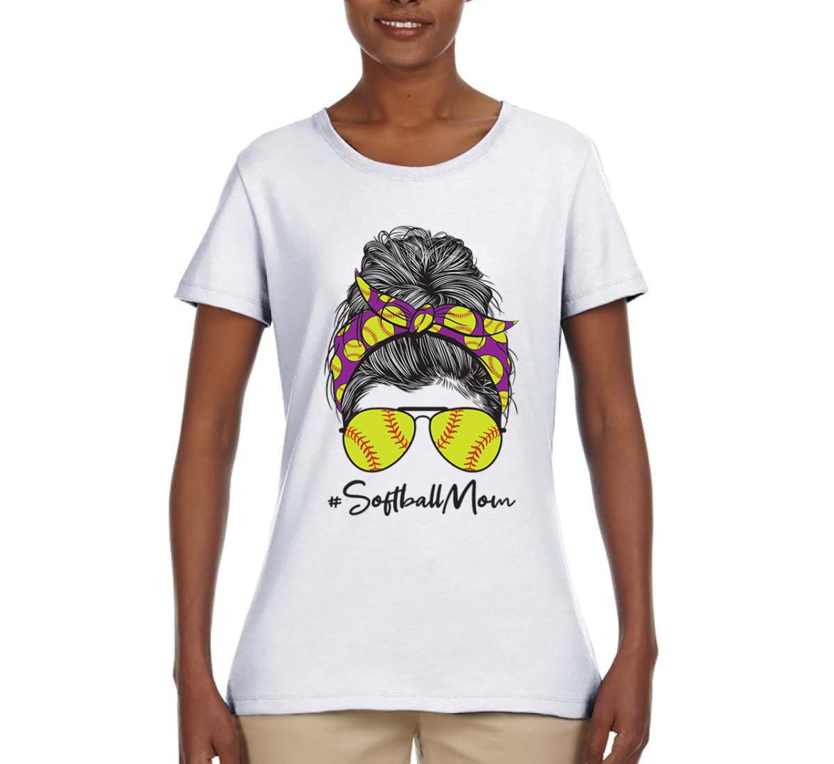 Softball Mom Graphic T-Shirt - Messy Bun Baseball Mom Shirt for Women - Funny Sports Lover Tee - Perfect for Mother's Day, Game Day & Team Mom Gifts - Great for Sideline Cheering & Mom Life Apparel