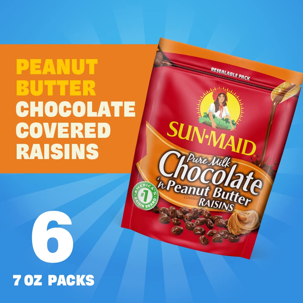 Sun-Maid Chocolate Covered Raisins Snacks - Pure Milk Chocolate & Peanut Butter Raisins, 7oz (6-Pack) | Healthy On-the-Go Snack for Work, School & Travel