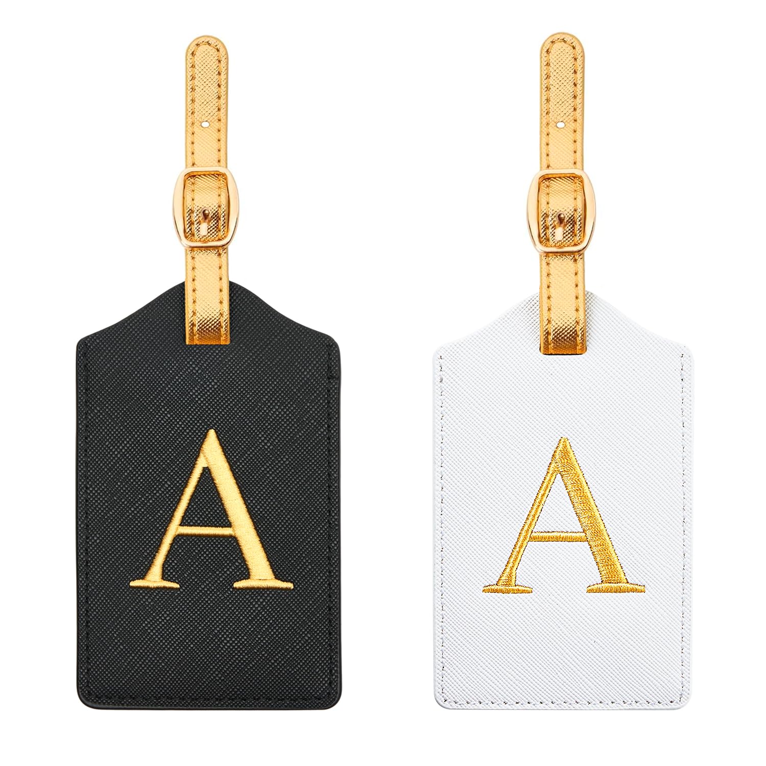 2 Pcs Personalized Monogram Luggage Tags with Gold Embroidered Letters & Straps - Durable Travel Bag Tags for Suitcases, Backpacks - Perfect Gift for Travelers (Black/White + Gold Strap, Initial A) | Ideal for Air Travel, Vacation & Business Trips