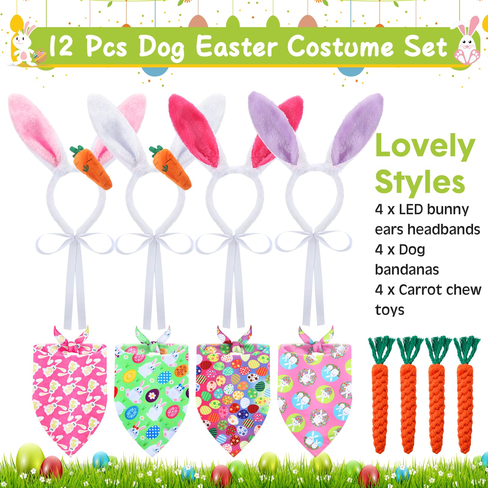 12 Pcs Dog Easter Costume Set - LED Bunny Ears Headband, Easter Bandanas & Chew Toys for Small Medium Dogs | Fun Easter Party Outfits & Gifts for Puppies | Perfect for Easter Photos, Pet Parades & Holiday Celebrations