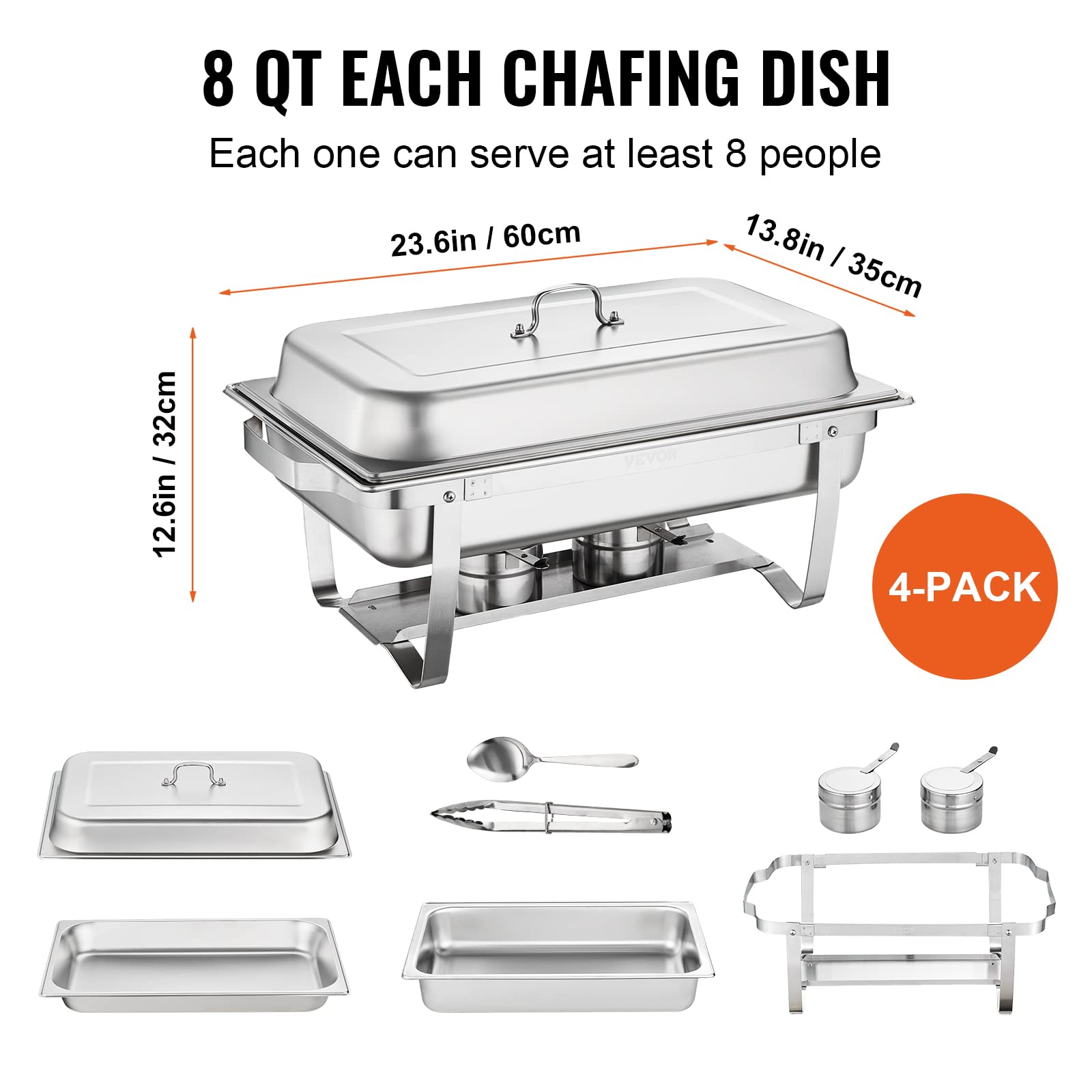 VEVOR 8 Qt Stainless Steel Chafing Dish Buffet Set - 4 Pack with Full Size Pans, Lid, Water Pan & Folding Stand - Catering Warmer for Parties, Weddings, Buffets & Events - Serves 8+ People