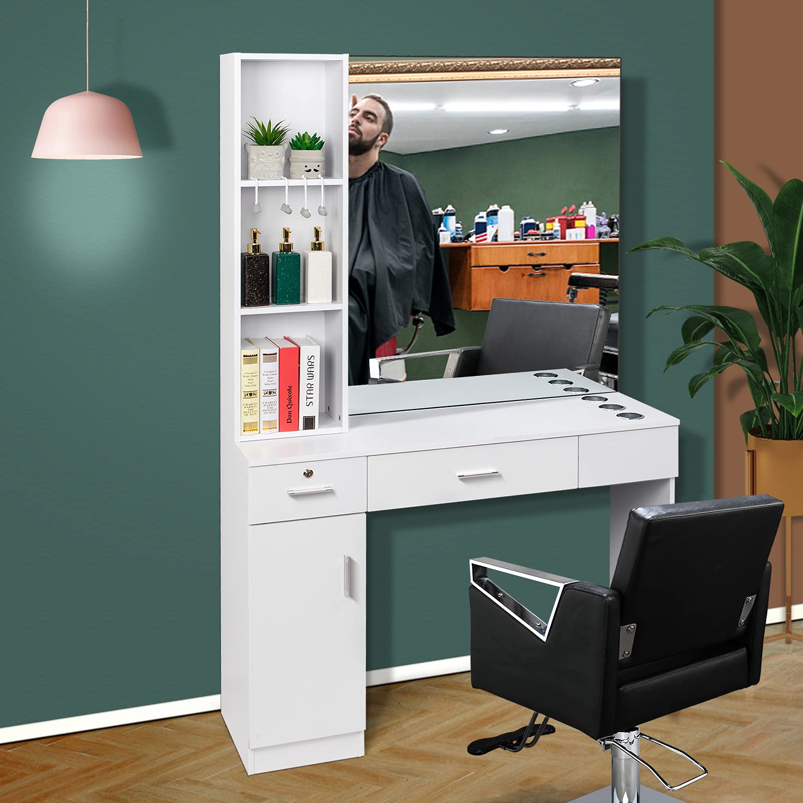 OmySalon Professional Barber Station with Wall Mount Mirror - Hair Stylist Salon Equipment with 3 Hair Dryer Holders, Open Shelves, 2 Drawers & Storage Cabinet - White | Perfect for Salon, Barbershop & Home Beauty Setup