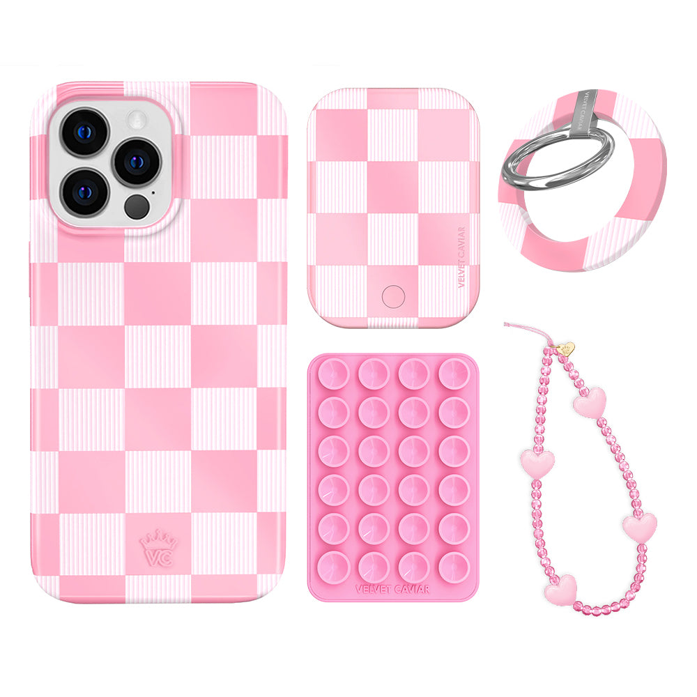 Pink Vibe Checkered iPhone Case with Grip - Trendy Protective Phone Cover for iPhone 13/14/15 Pro Max - Perfect for Everyday Use, Travel & Selfies
