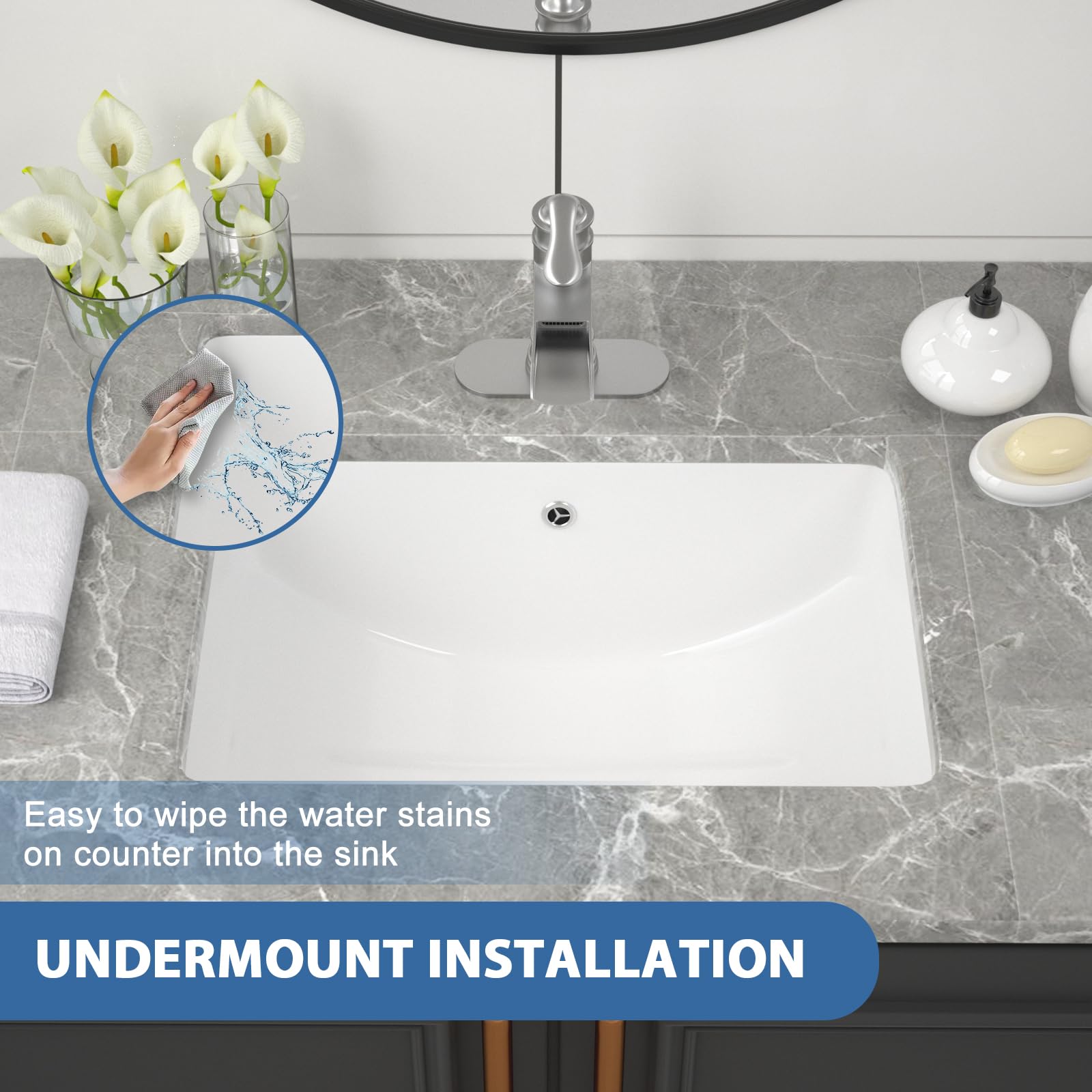 21 x 15 Inch Undermount White Ceramic Rectangular Bathroom Sink with Overflow - Modern Vessel Vanity Basin for Contemporary Bathrooms & Powder Rooms