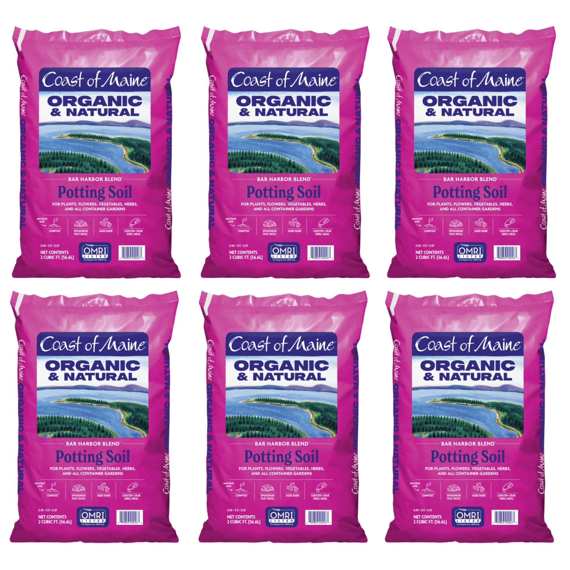Organic & Natural Coast of Maine Bar Harbor Blend Potting Soil - 2 cu ft (Pack of 6) for Houseplants, Flowers, Vegetables, Herbs & Containers - Perfect for Indoor Gardening, Raised Beds & Container Planting