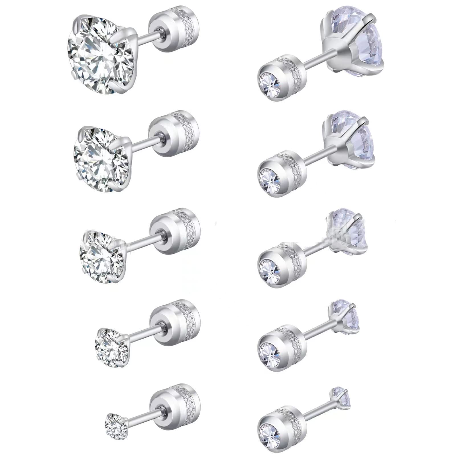 5 Pairs Tiny Double CZ Stud Earrings for Men & Women - Stainless Steel Mini Cartilage, Conch, Helix, Tragus Body Piercing - 20g Screw Back Trendy 4-Prong Cubic Zirconia Sleeper Barbell Studs 2MM-6MM - Perfect for Everyday Wear, Gifts & Special Occasions