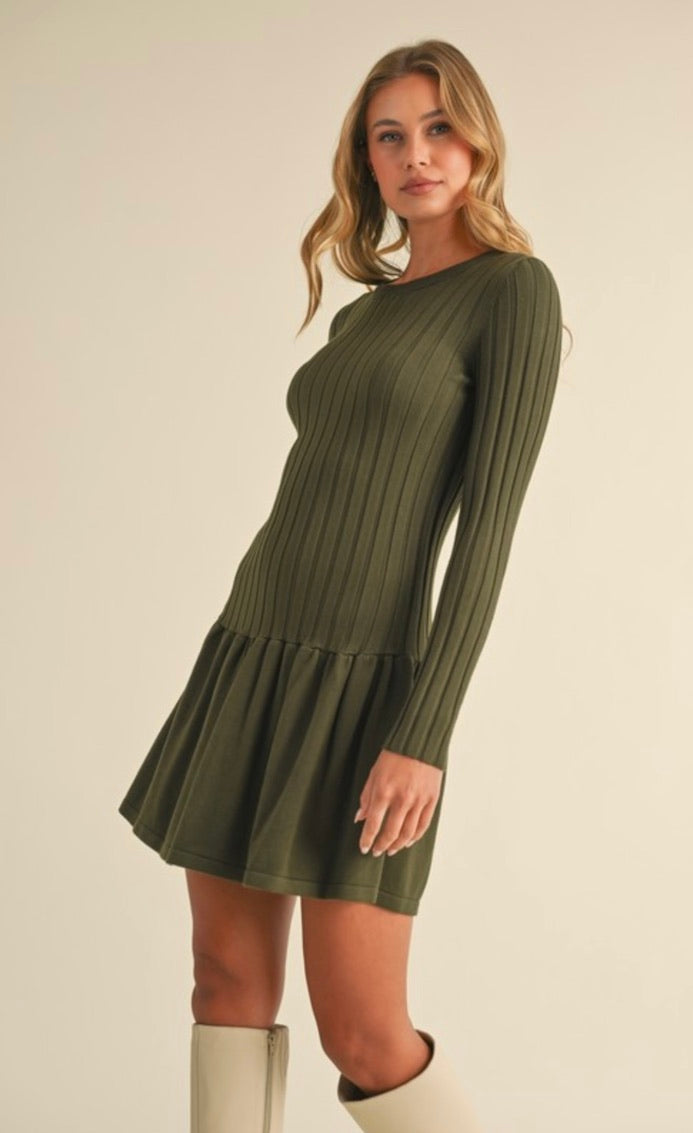 Olive Ribbed Long Sleeve Crewneck Drop Waist Flare Dress for Women | Elegant Fall Winter Outfit for Casual Wear, Office, Date Night & Special Occasions