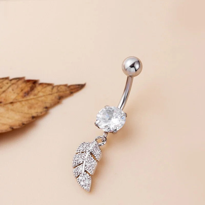 14G Hypoallergenic Flower Feather Belly Button Ring - Surgical Steel Navel Piercing Jewelry for Women | Perfect for Summer Beach, Pool Parties & Boho Fashion