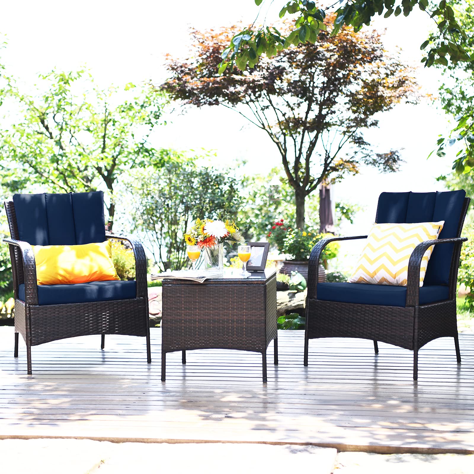 Tangkula 3-Piece Outdoor Patio Furniture Set - 2 Wicker Chairs with Glass Top Coffee Table, Rattan Conversation Set for Garden, Porch, Poolside (Dark Blue) | Perfect for Relaxing, Entertaining & Outdoor Dining
