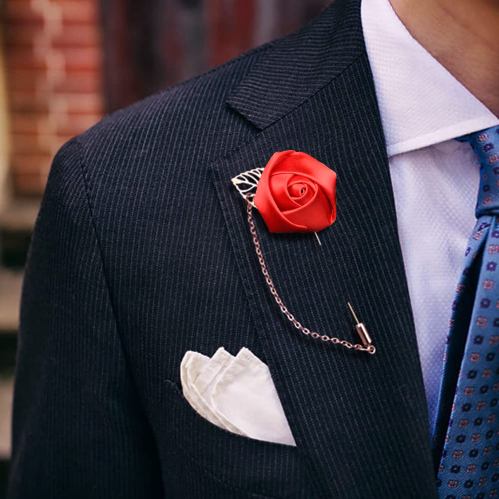 2PCS Handmade Rose Flower Lapel Pins for Men - Red & Blue Floral Chain Brooch, Boutonniere Pins for Suits, Wedding, Prom & Formal Events - Perfect for Groomsmen, Bridal Party & Special Occasions