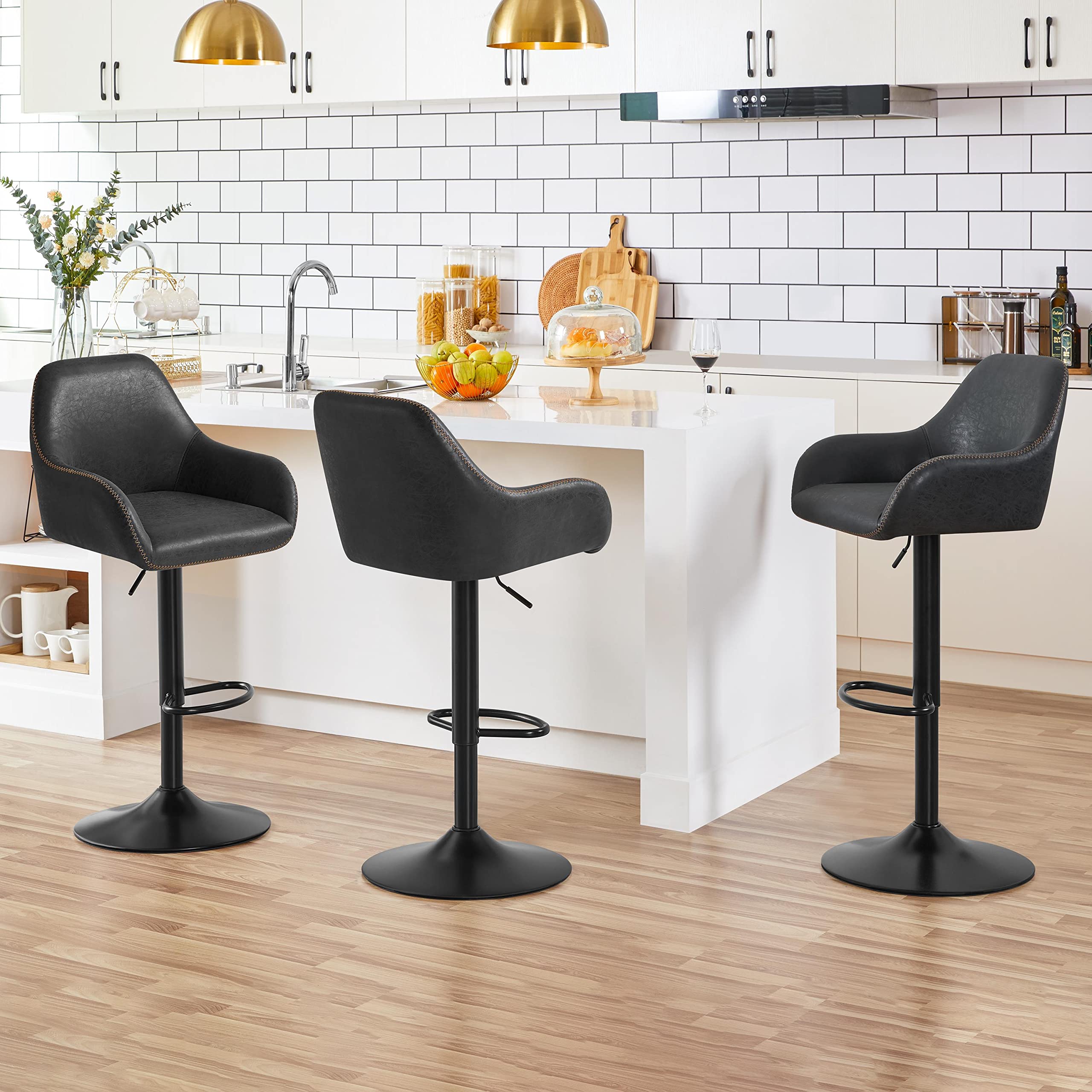 Yaheetech 2-Pack Adjustable Swivel Bar Stools with PU Leather Seat, Backrest & Footrest - Counter Height Kitchen Island Stools for Home, Restaurant & Bar Use - Black Modern Dining Chairs