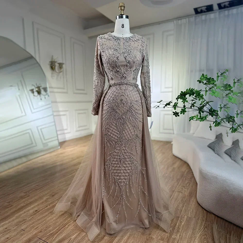 Elegant Muslim Silver Mermaid Evening Gown with Detachable Beaded Overskirt - Women's Formal Wedding & Party Dress LA71919 | Perfect for Bridal Showers, Red Carpet Events & Special Occasions