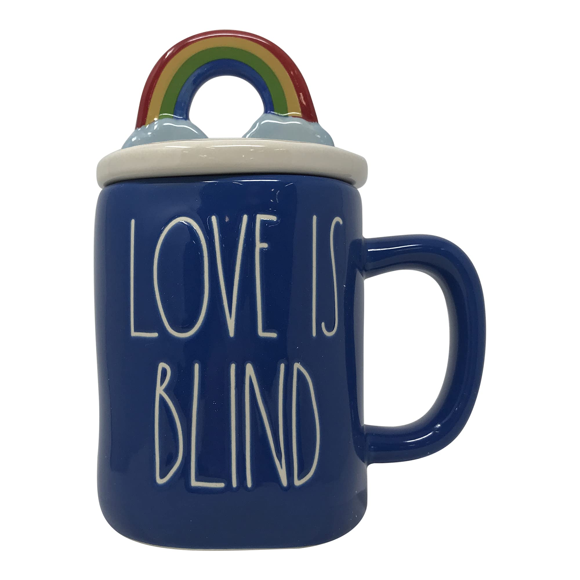 Rae Dunn Coffee Mugs with Decorative Ceramic Lids - Love is Blind & Blue Rainbow Design - Perfect for Home, Office, and Gift Giving