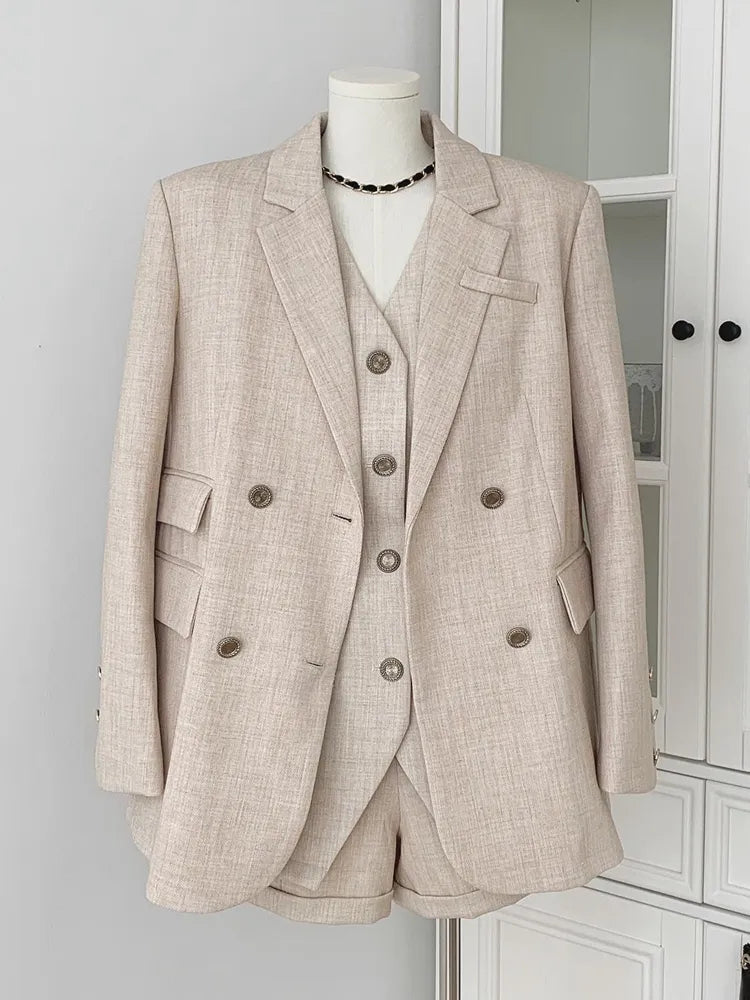 Stylish Autumn Women's 3-Piece Pant Set - English Style Blazer Coat, Vest Top & High Waist Shorts | Korean Casual Fashion Outfit for Work, Dating & Travel