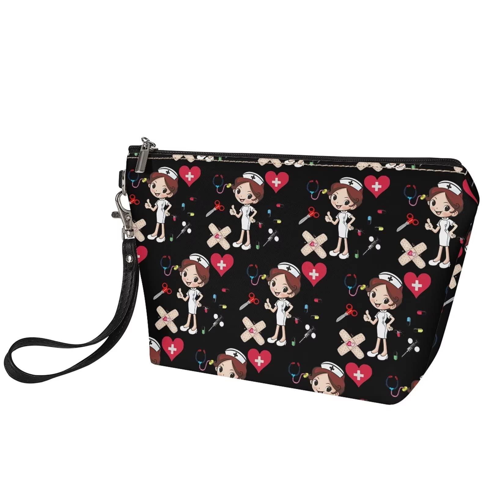 Cute Black Cartoon Nurse Makeup Wallet for Women - Travel & Daily Use