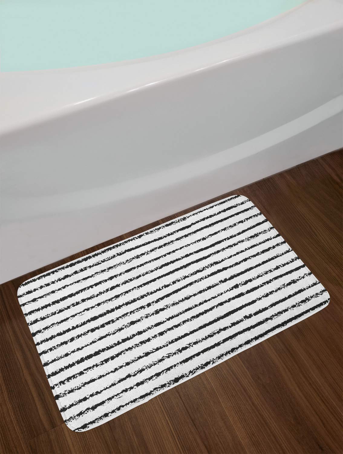 Ambesonne Striped Bath Mat - Non-Slip Plush Bathroom Rug with Hand-Painted Grungy Brushstroke Design, Charcoal Grey & White, 30.2