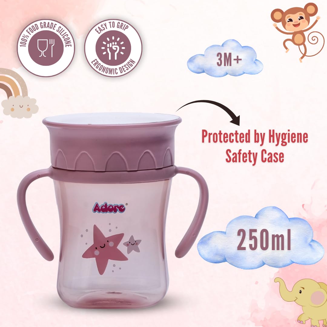 Adore Magic 360 Spoutless Sipper Cup with Handle | Leak-Proof Baby Water Bottle for 6-12 Months | Anti-Spill Straw Cup for Toddlers & Kids | BPA-Free Training Cup (250ml, Pink) | Perfect for Daycare, Travel & Learning Independent Drinking