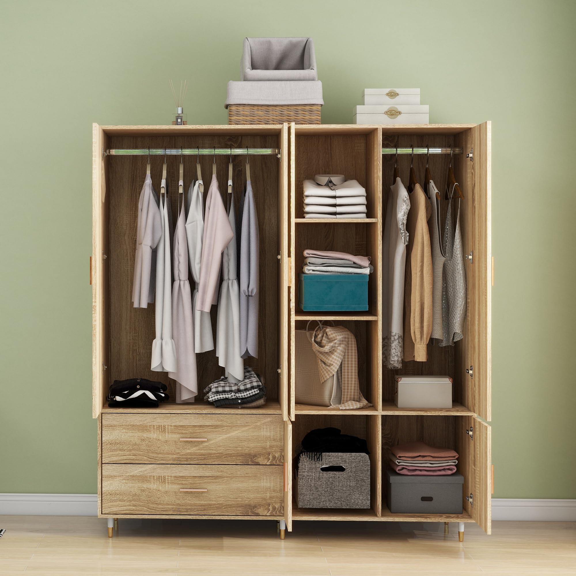 Solid Wood Freestanding Wardrobe Closet with 4 Doors, 2 Drawers & Shelves - Spacious Bedroom Storage Cabinet with 2 Hanging Rods for Clothes Organization | Perfect for Master Bedroom, Guest Room or Dormitory Storage Solution