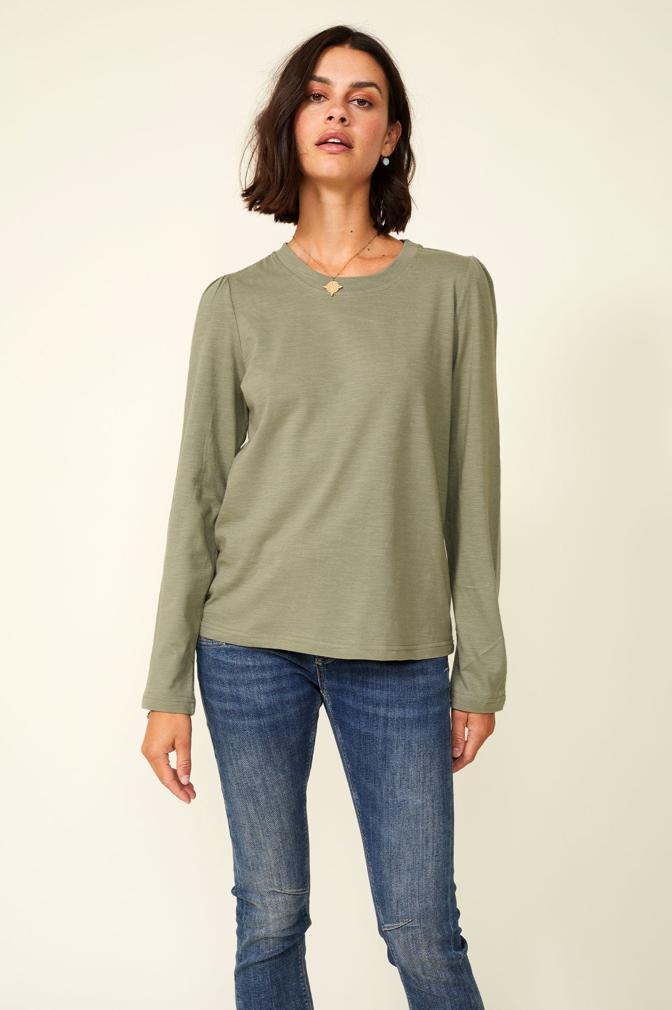 Long Sleeve Puff Shoulder T-Shirt for Women - Khaki Casual Top | Perfect for Fall Outfits, Date Nights & Office Wear