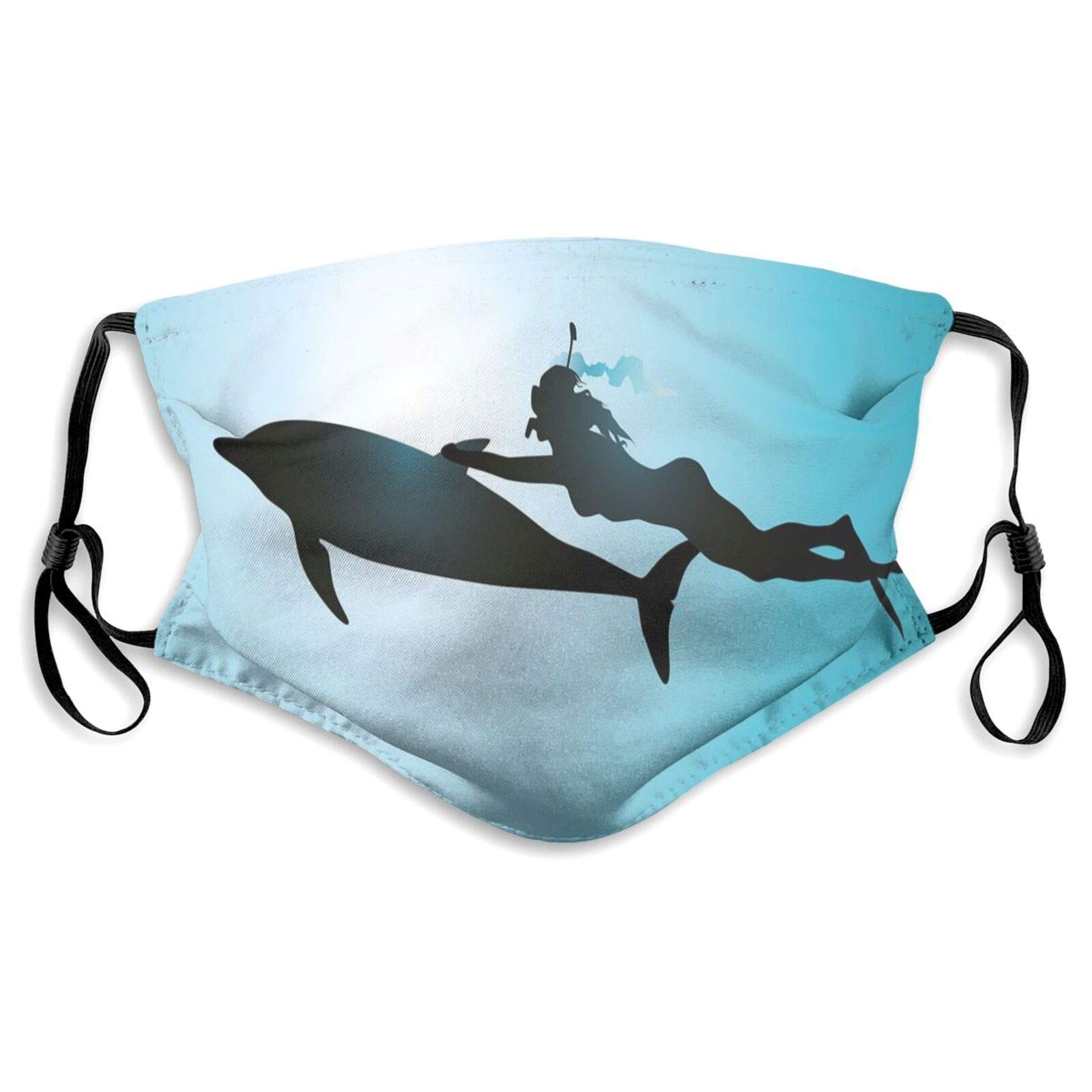 Reusable Dolphin Face Mask with Scuba Diver & Sea Reef Design - Breathable, Comfortable & Machine Washable - Large Size in Pale Blue/Black - Perfect for Swimming, Snorkeling & Outdoor Activities
