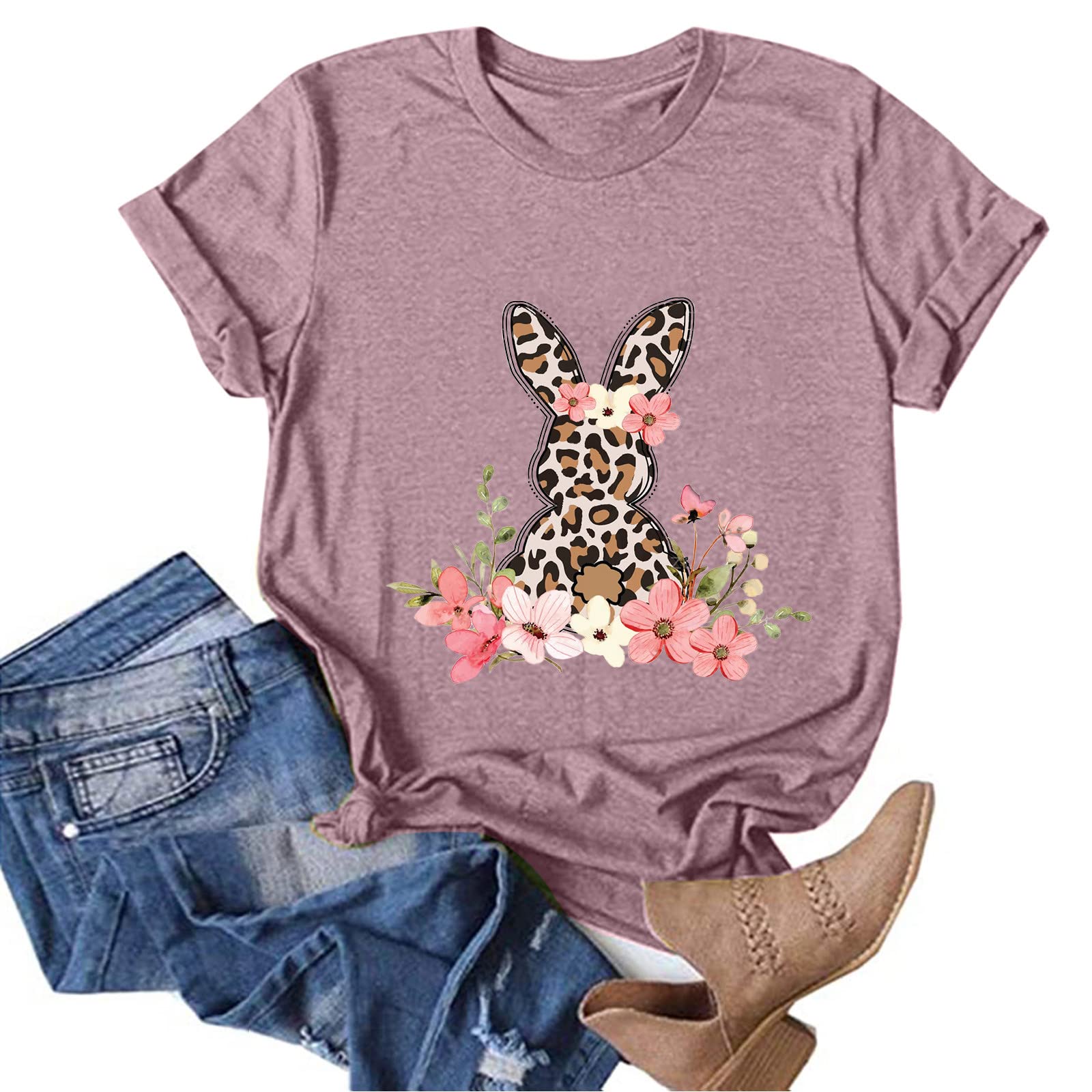 Easter Bunny Print Women's T-Shirt - Cute Rabbit Graphic Round Neck Short Sleeve Tee for Spring Fashion | Perfect for Easter Celebrations, Casual Outings & Gift Giving