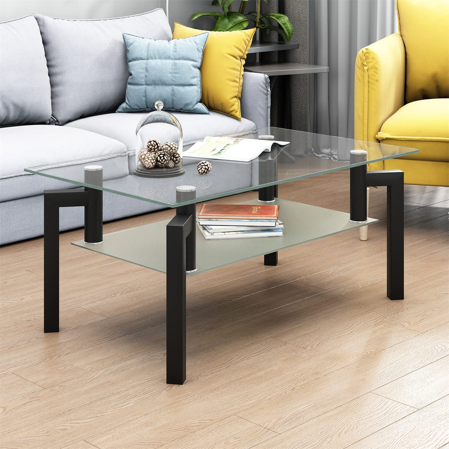 Modern Rectangle Glass Coffee Table - Clear Tempered Glass Top with Black Frame for Living Room | Stylish Center Table, Side Table, and Lounge Furniture for Home Decor