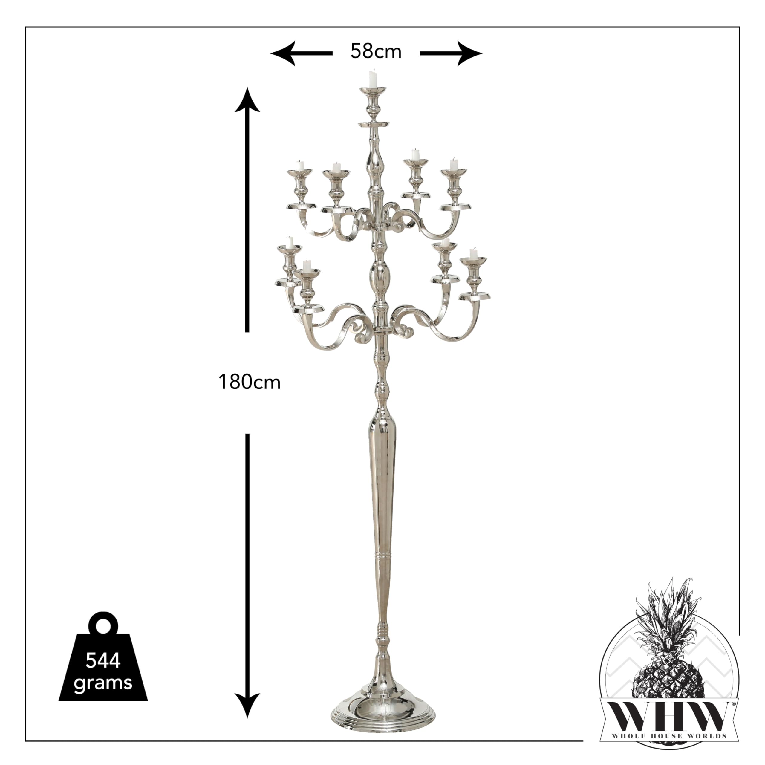 Handcrafted Silver Aluminum Nickel Hamptons Tall Nine Candle Candelabra - 6 Feet (71 Inches/180cm) Height - Elegant Centerpiece for Weddings, Dining Tables & Luxury Home Decor