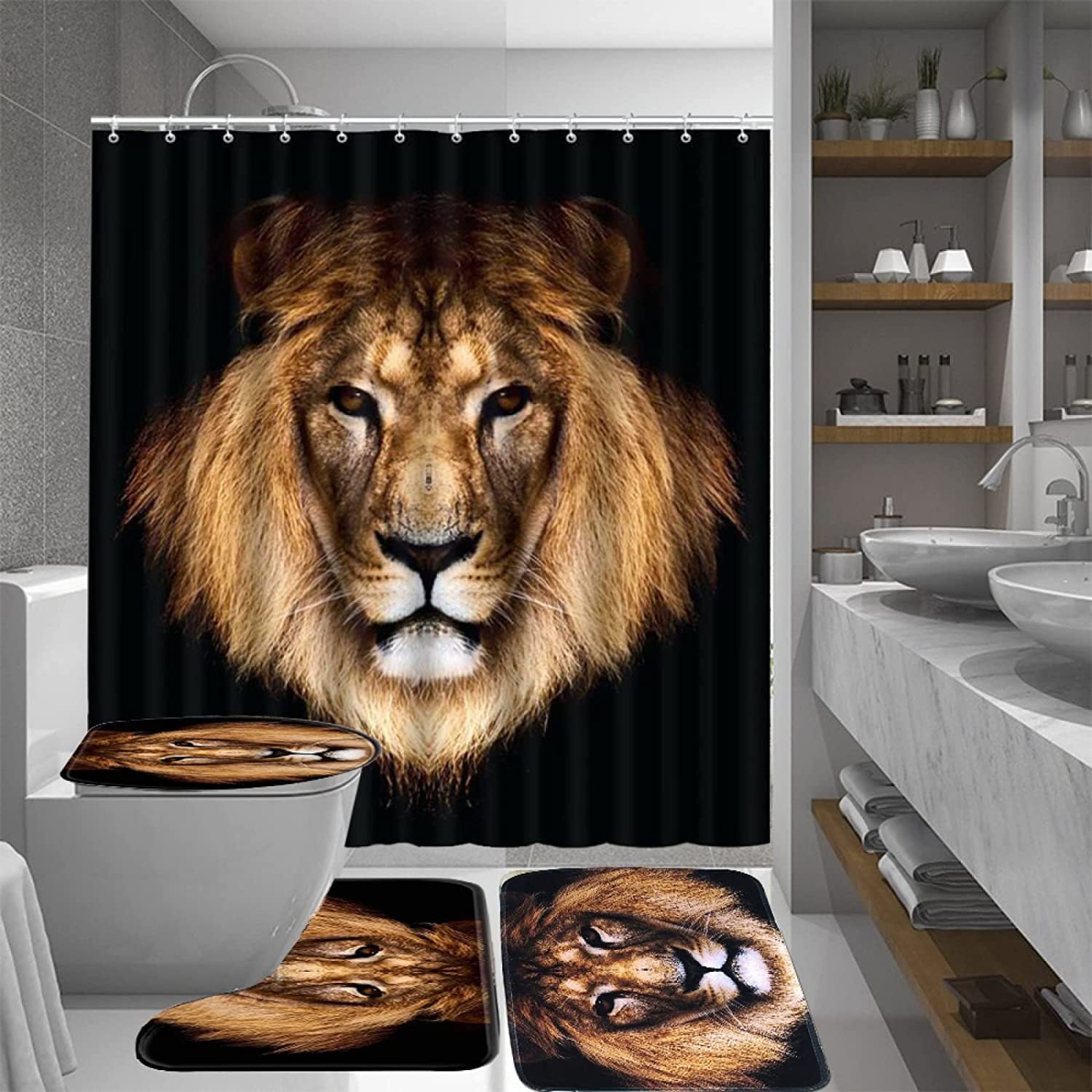African Lion Shower Curtain Set with Non-Slip Bath Mat & Toilet Cover - Jungle Safari Theme Bathroom Decor for Kids Rooms & Zoo Lovers - Waterproof Polyester Fabric with Rust-Resistant Hooks - Perfect for Themed Bathrooms, Children's Bedrooms & Wildlife Enthusiasts - Great for Safari Parties, Adventure Home Decor & Wildlife-Themed Spaces