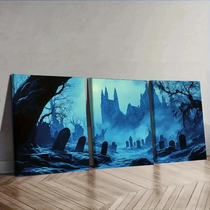 3-Piece Gothic Cemetery Wall Art Set - Framed Canvas Prints 50x70cm - High Quality Australian Made Wall Decor for Living Room, Bedroom & Office - Ready to Hang