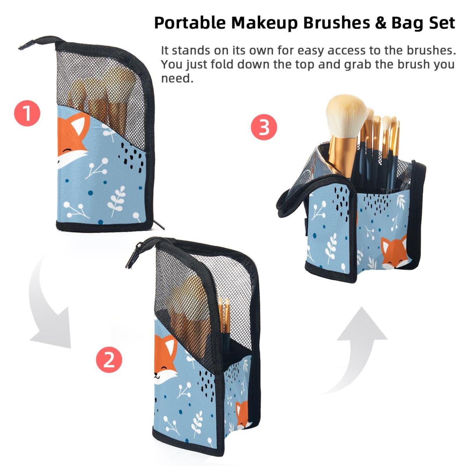 12-Piece Makeup Brush Organizer Bag with Orange Fox Floral Design - Portable Travel Cosmetic Brush Holder Case for Professional Makeup Artists & Beauty Enthusiasts - Perfect for Home, Travel & Salon Use