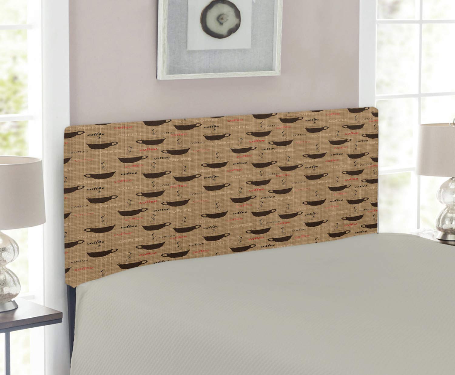 Ambesonne Coffee Themed Headboard - Twin Size Upholstered Metal Bed Frame with Memory Foam | Earthen Tone Coffee Cup & Espresso Design in Chocolate Pale Brown | Perfect for Coffee Lovers' Bedroom Decor & Small Space Living