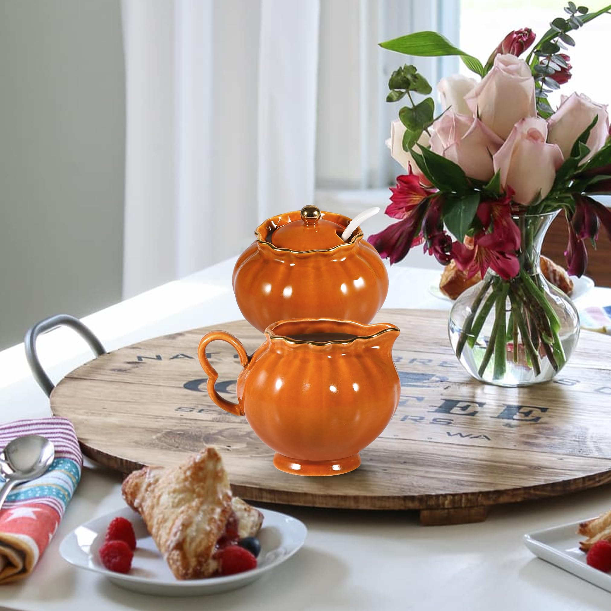 Ceramic Sugar Bowl with Lid, Milk Jug, and Spoon - 3-Piece Coffee Serving Set | Creamer & Sugar Bowl Combo | Dishwasher & Microwave Safe | Perfect for Breakfast, Tea Time & Gifting | Elegant Orange Design
