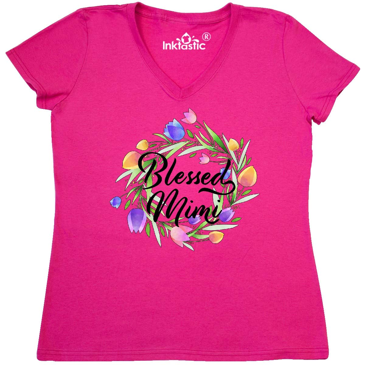 Inktastic Blessed Mimi with Pastel Tulips Women's V-Neck T-Shirt - Soft Cotton Casual Tee for Everyday Wear, Church, and Spring Outfits