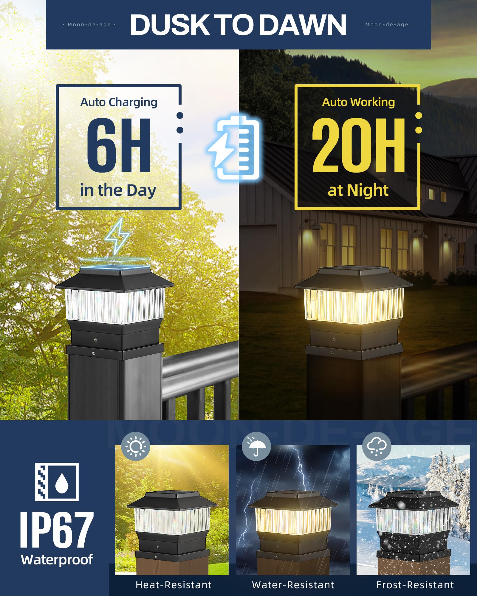 50 Lumen Solar Post Lights - 3 Modes Outdoor Deck Fence Cap Lights (4x4/3.5x3.5/4.5x4.5/5.5x5.5) - Waterproof LED Landscape Lighting for Patio, Garden & Yard Decoration (6 Pack, Black) - Perfect for Pathway, Driveway & Backyard Illumination