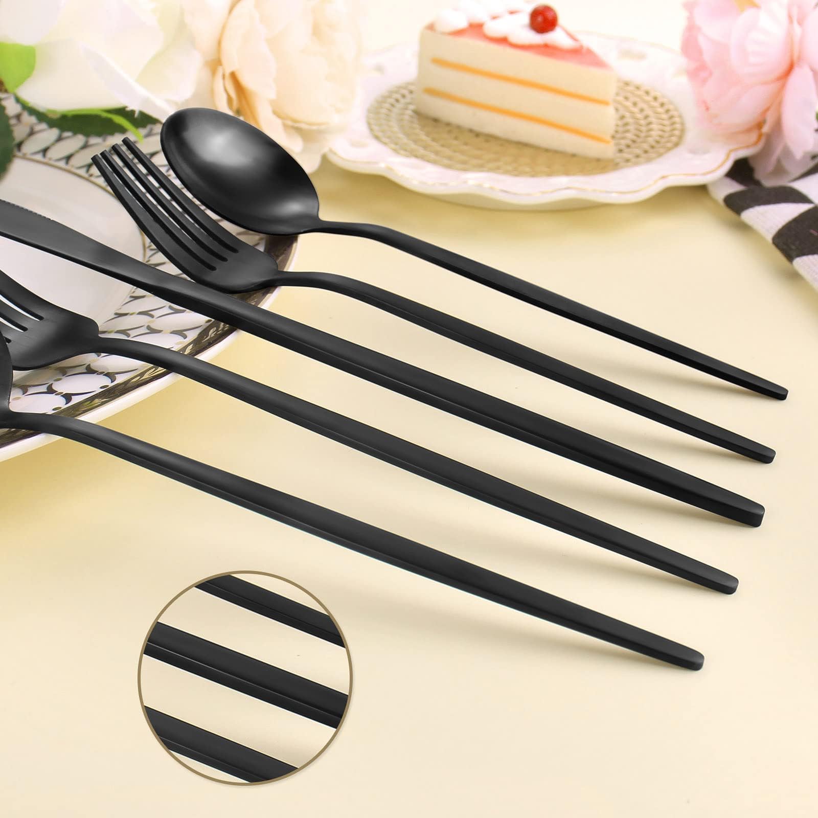 LAZAHOME 40-Piece Matte Black Stainless Steel Flatware Set for 8 - Satin Polished Cutlery Set with Spoons & Forks - Dishwasher Safe Kitchen Utensils for Dinner Parties, Restaurants & Home Dining