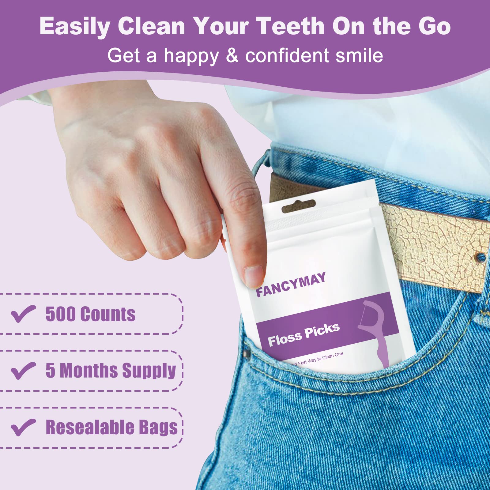 500 Counts Dental Floss Picks - Premium Floss Sticks for Teeth Cleaning, High Toughness & Easy to Use, Family Pack (5 x 100 Count) - Perfect for Travel, Home & Office Oral Care