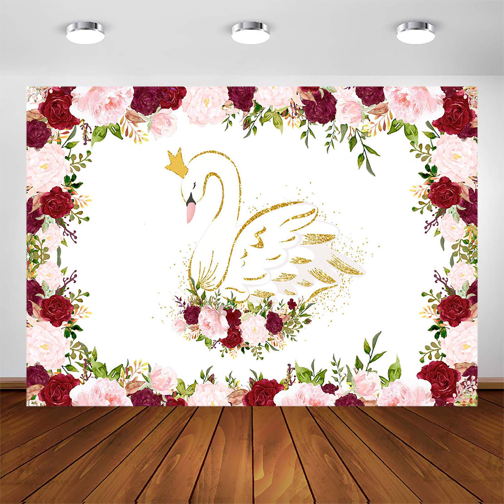 Elegant Swan Princess Party Backdrop - Pink Red Burgundy Floral with Gold Glitter for Baby Shower, Birthday, Photo Booth & Photography (7x5ft) - Perfect for Princess Themed Parties, Gender Reveals & Special Occasions