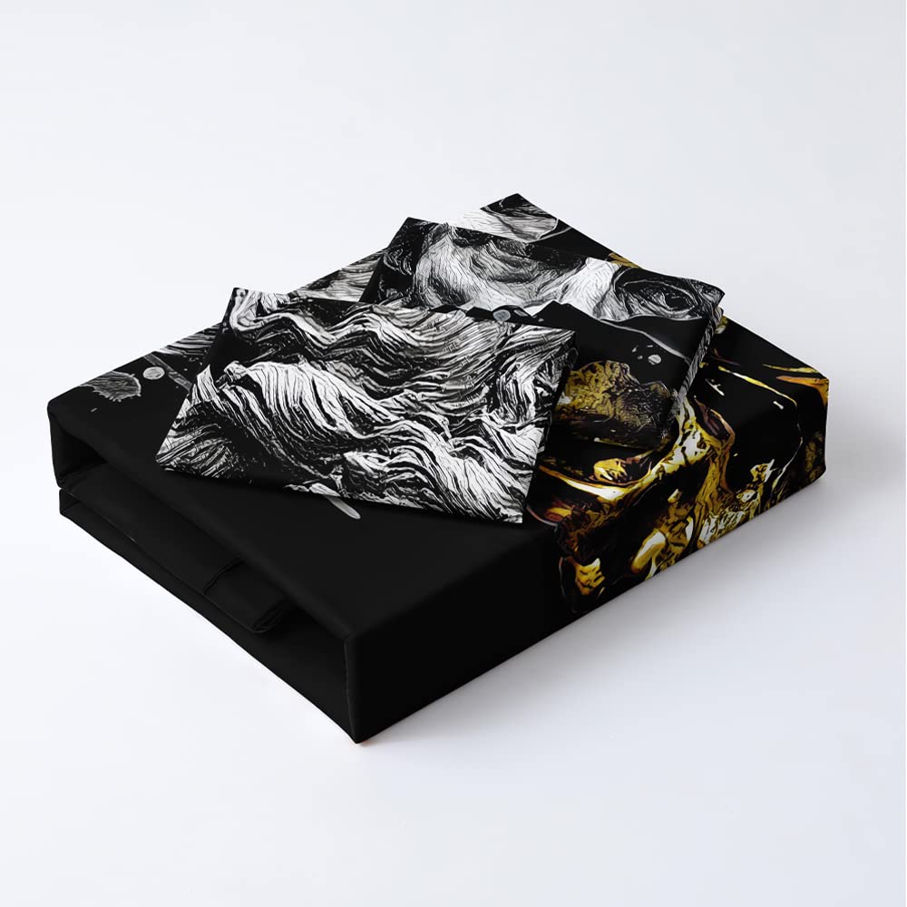 Modern Art Black Golden Skull Duvet Cover Set - Twin/Twin XL Size with Pillow Shams - Gothic Broken Statue Design Bedding for Teen Boys Room, Dorm Decor & Halloween Themed Bedroom