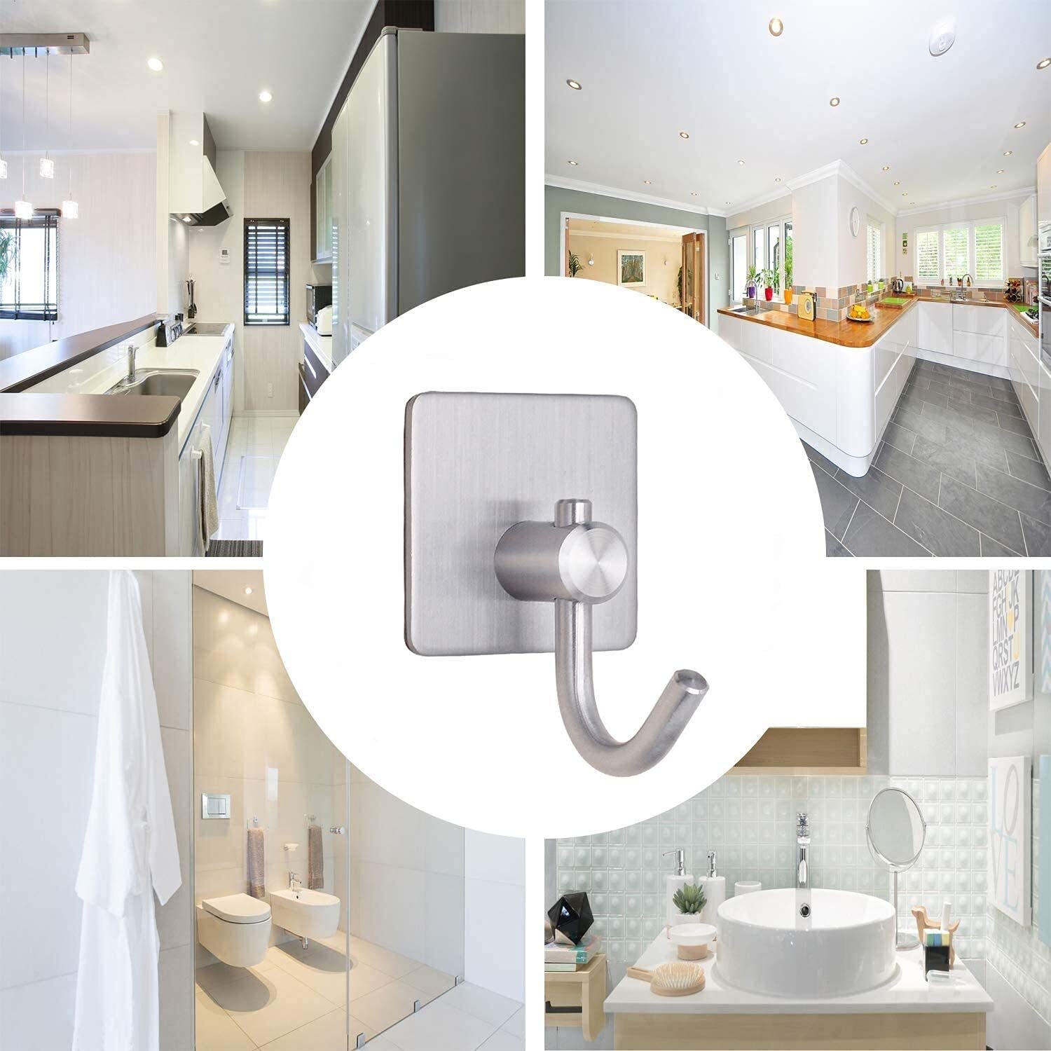 TOGU Heavy Duty Stainless Steel Self Adhesive Hooks - 2 Pack Brushed Finish Wall Hooks for Bathroom, Kitchen, Door - No Nails Waterproof Adhesive Hangers for Robes, Keys, Hats, Towels, Coats - Perfect for Home Organization & Space Saving Storage