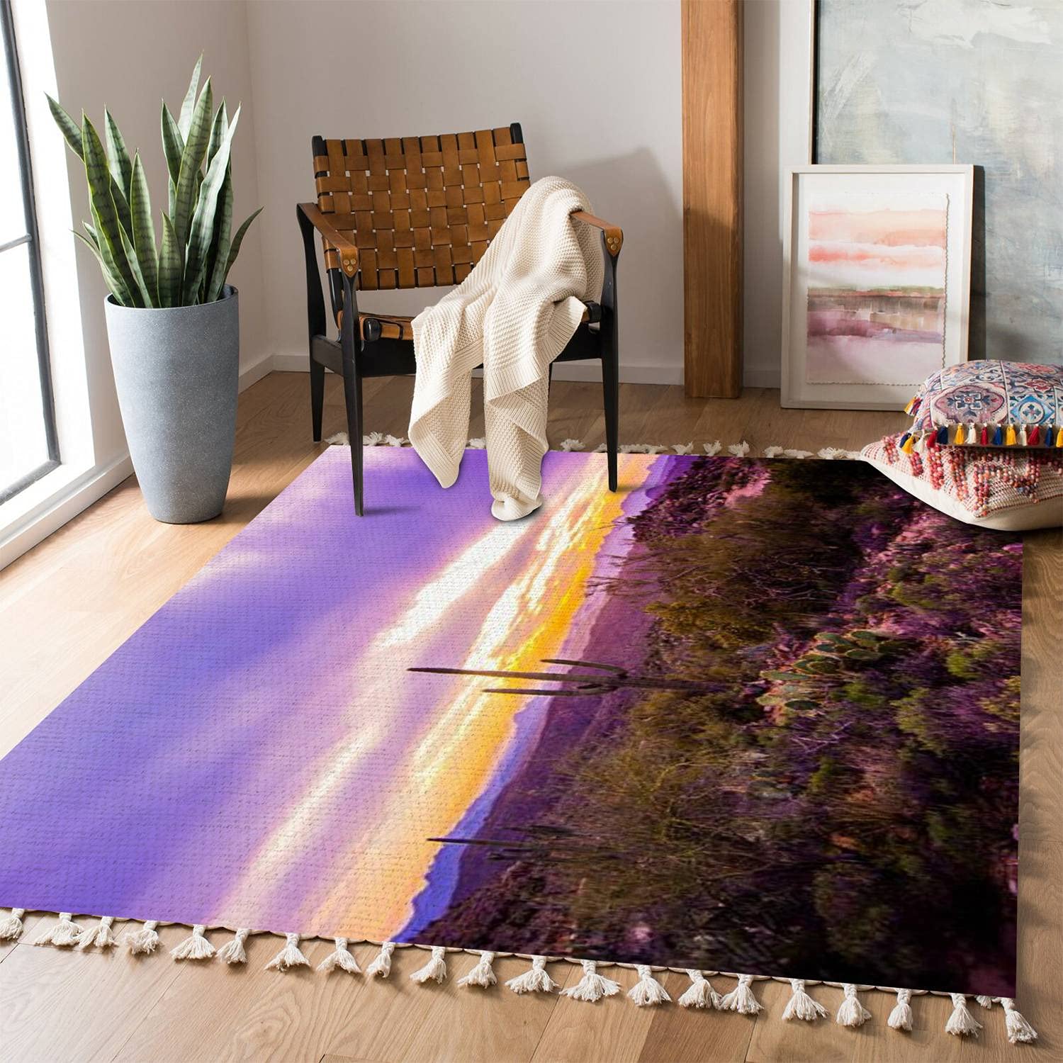 Boho Rug Arizona Purple Sunset with Saguaro - Southwestern Area Rug Carpet for Patio, Hallway Runner - Minimalist Home Decor for Living Room & Bedroom - Indoor/Outdoor Use - Perfect for Southwest Style Homes, Vacation Rentals & Bohemian Decor