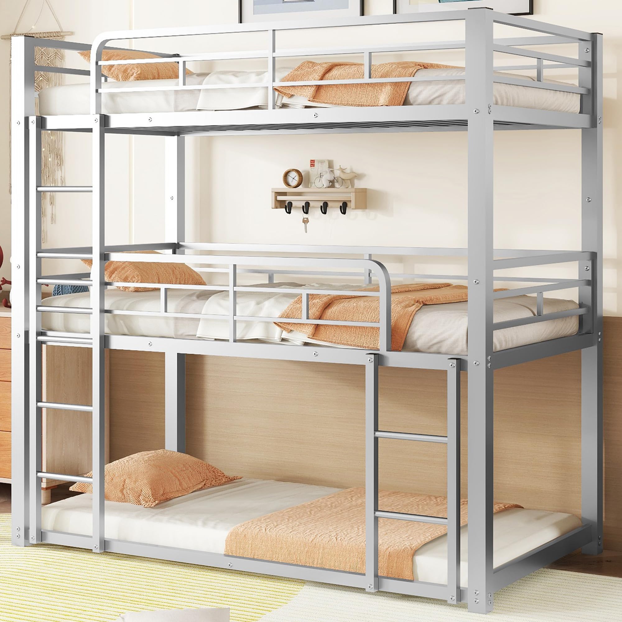Sturdy Triple Bunk Bed Twin Over Twin Over Twin – 3 Tier Bunk Bed with 2 Ladders & Safety Guardrails – Space-Saving Twin Size Bunk Bed for Kids & Teens – Silver Finish – Ideal for Dorms, Hostels & Small Bedrooms