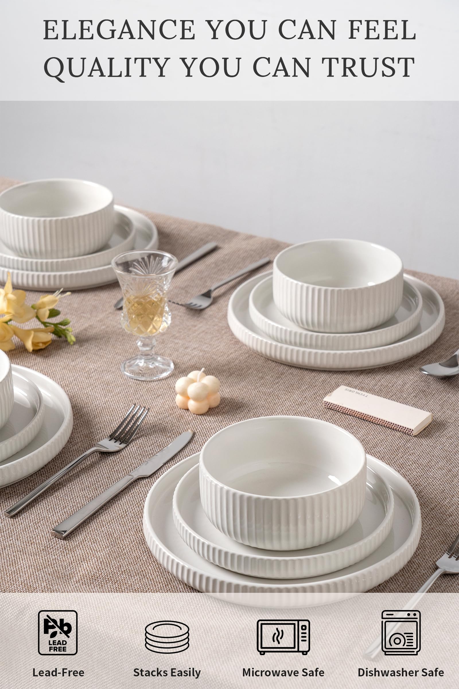 12-Piece White Dinnerware Set for 4, Modern High-Gloss Stoneware Plates & Bowls - Scratch Resistant, Microwave Safe - Perfect for Everyday Use & Dinner Parties